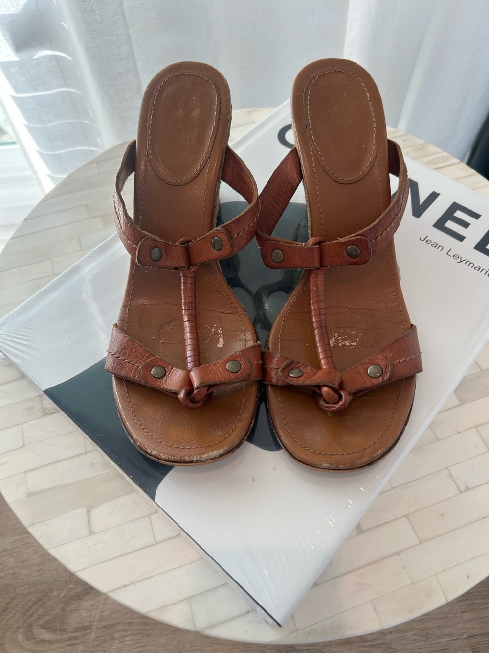 Ash Brown Leather T-Strap Mule Sandals - Women